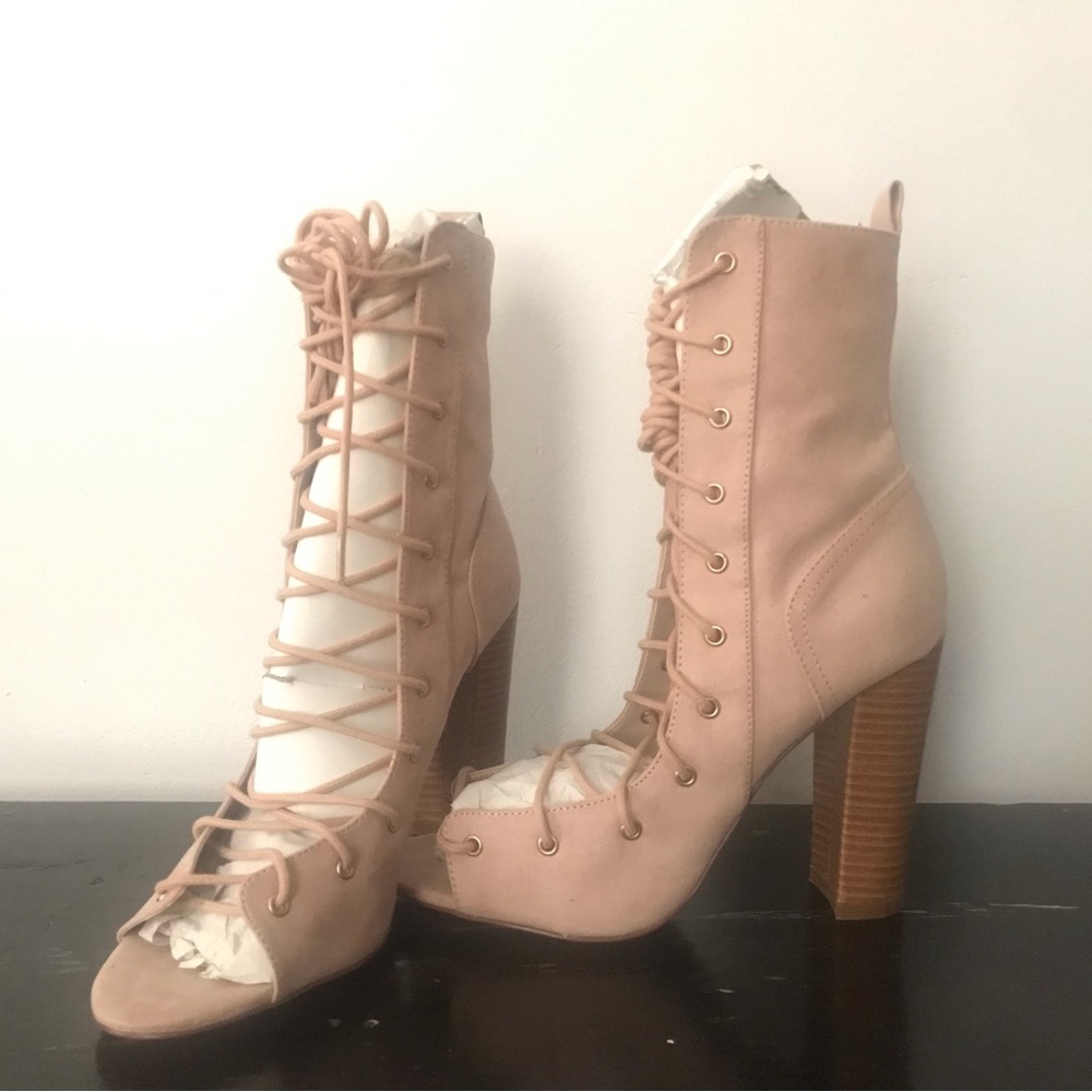 Lulus Lace up boot with heel suede nude/blush pink